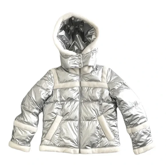 Sam Edelman METALLIC FLEECE TRIM HOODED PUFF COAT IN SILVER NWT - Picture 6 of 14